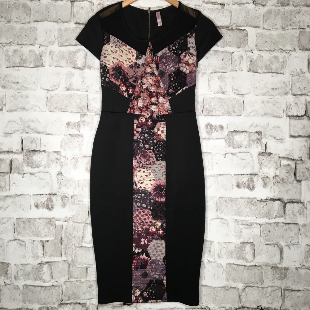 Xhiliration Women's Size M Midi Bodycon Dress Back Zipper Black Floral